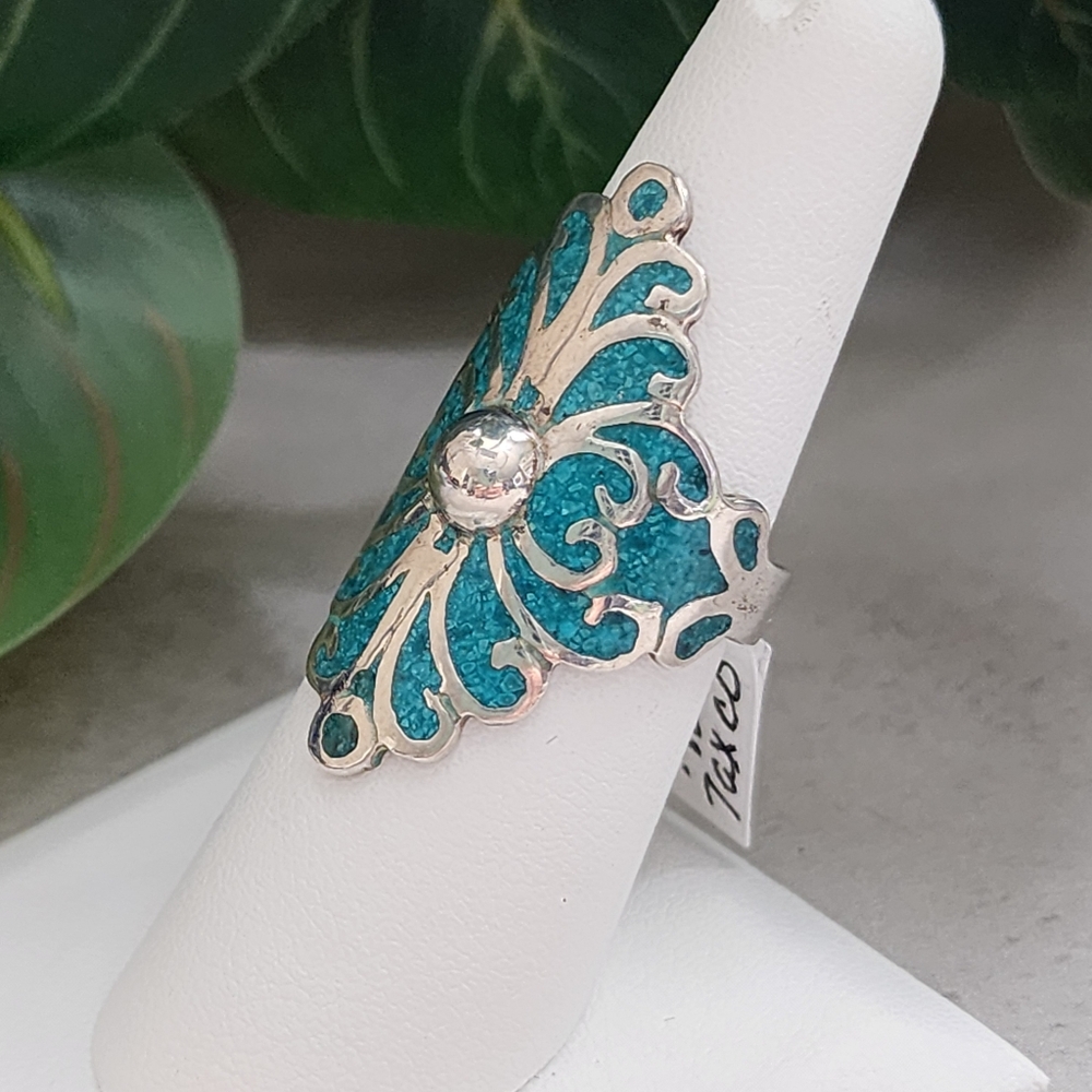 Taxco Sterling Silver & Turquoise Ring Size 7 - Picture 4 of 12